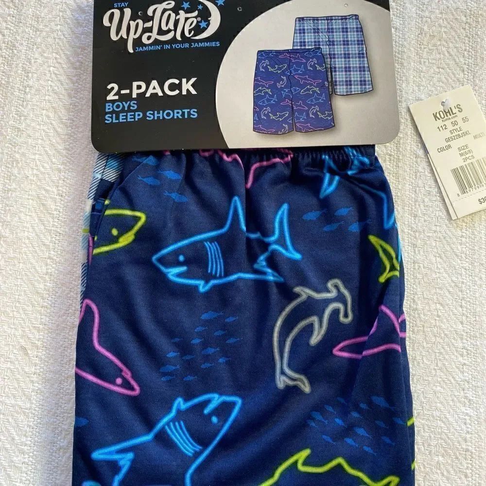 UP-LATE Boys Medium (6/8) 2-Pack All Day Sleep Shorts -Shark and Plaid Prints